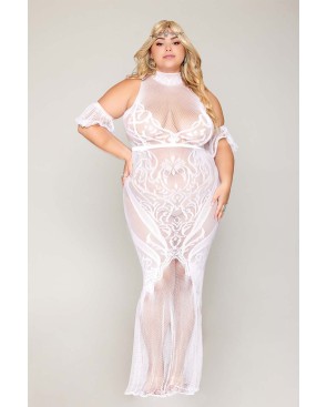 Robe bodystocking, grande taille, en résille t dentelle blanche 