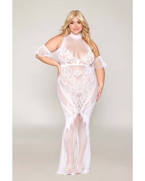 Robe bodystocking, grande taille, en résille t dentelle blanche 