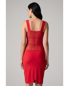 Robe sensuelle et habillée avec maille transparente rouge