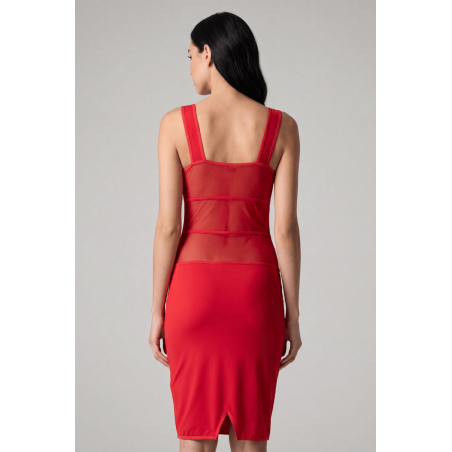Robe sensuelle et habillée avec maille transparente rouge