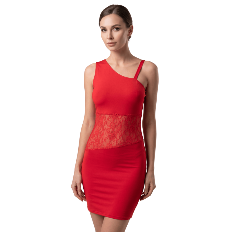 Robe rouge asymétrique avec dentelle Paola Robe rouge asymétrique avec dentelle Paola