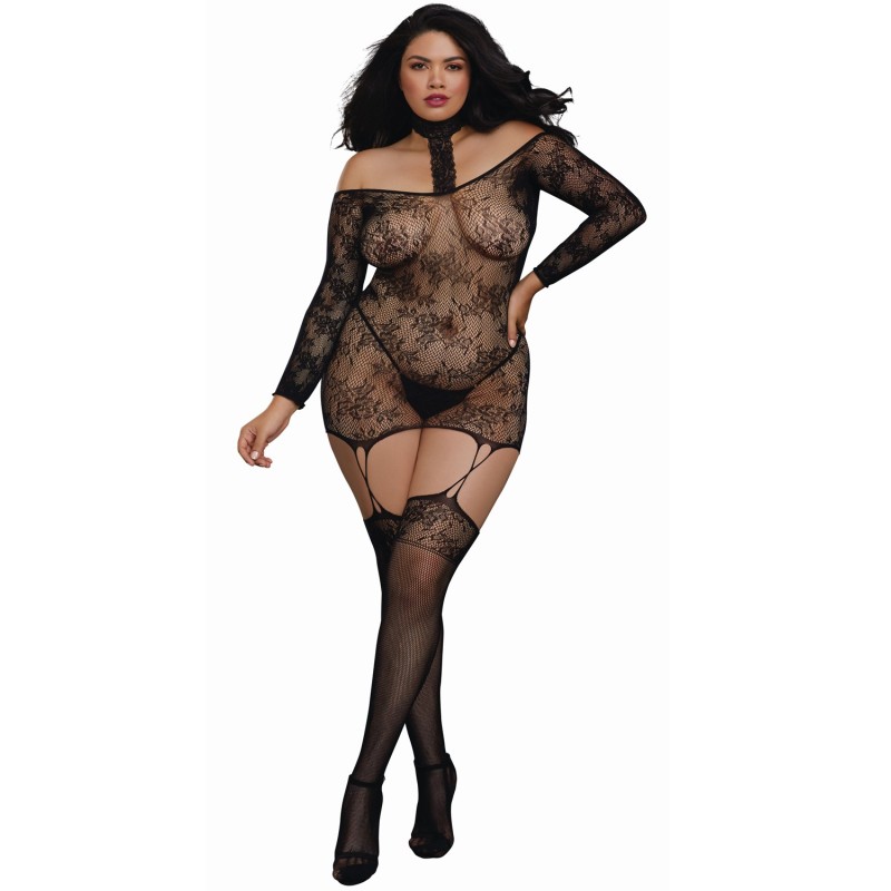 Bodystocking résille guêpière grande taille réversible avec tour de cou Bodystocking résille guêpière grande taille réversible avec tour de cou
