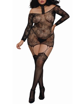 Bodystocking résille guêpière grande taille réversible avec tour de cou 