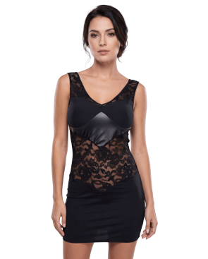 Robe cocktail empiècements dentelle et wetlook