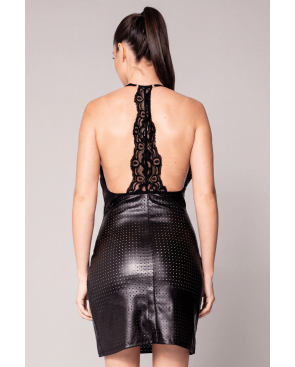 Robe cocktail noire simili cuir et dentelle Sophia