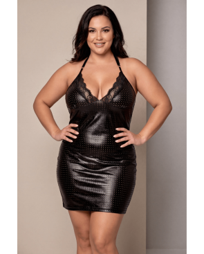 Robe cocktail noire simili cuir et dentelle Sophia