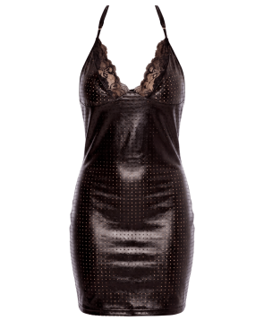 Robe cocktail noire simili cuir et dentelle Sophia