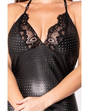 Robe cocktail noire simili cuir et dentelle Sophia