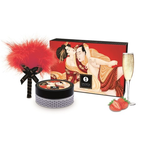 Mini Coffret poudre corporelle fraise/vin pétillant et plumeau assorti 