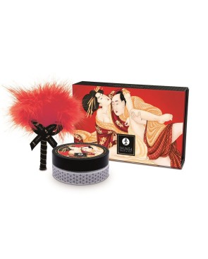 Mini Coffret poudre corporelle fraise/vin pétillant et plumeau assorti 