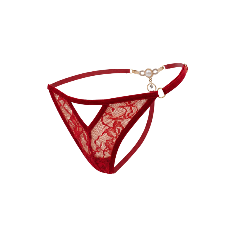 String rouge avec bijou perle strass dorés String rouge avec bijou perle strass dorés