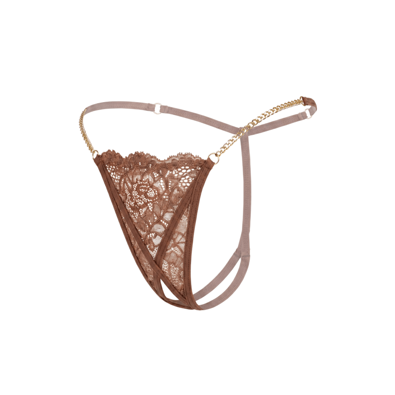 String en dentelle taupe ouvert avec chaînes dorées String en dentelle taupe ouvert avec chaînes dorées