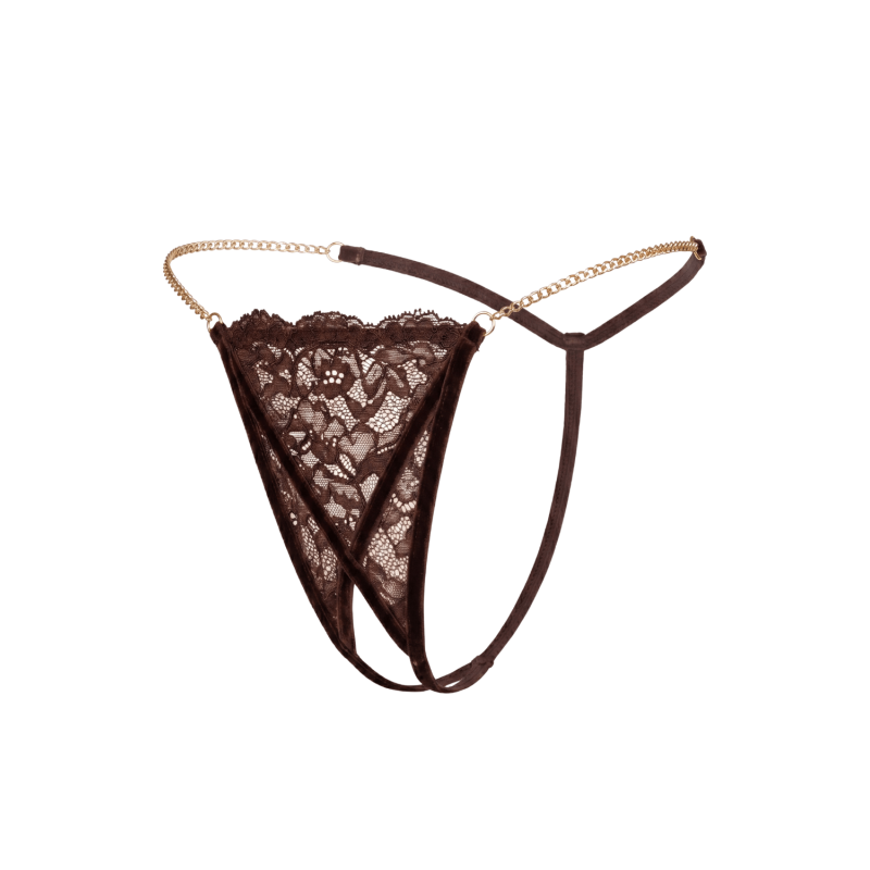 String en dentelle marron ouvert avec chaînes dorées String en dentelle marron ouvert avec chaînes dorées