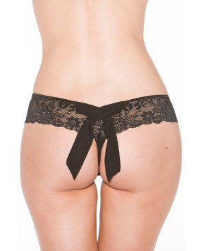 Tanga string noir en dentelle avec noeud arrière 