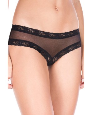 Tanga string ouvert noir maille transparente et dentelle