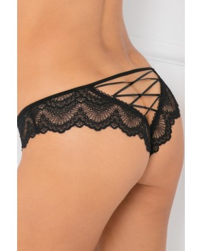 Tanga noir dentelle ajouré sur les fesses ornements croisés 