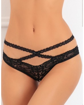 Tanga ouvert noir en dentelle avec ornements croisés avant arrière
