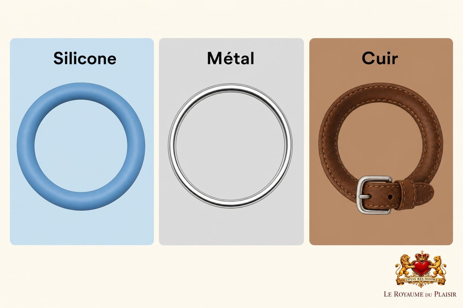Qu'est-ce qu'un cockring et à quoi ça sert : illustration montrant trois anneaux sexuels (silicone bleu, métal argenté, cuir brun) pour comparer matériaux et styles.